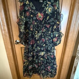 Macy's Black Floral Ruffle Dress with Red and Yellow Accents size 8 NWT